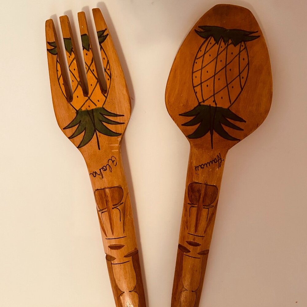 Vintage Aloha Hawaiian Tiki Wooden Fork and Spoon